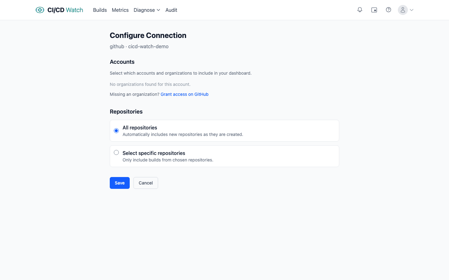 CI/CD Watch connection scope page showing the list of organisations under a provider connection, with a repository selector for each organisation and counts against the tenant repository limit