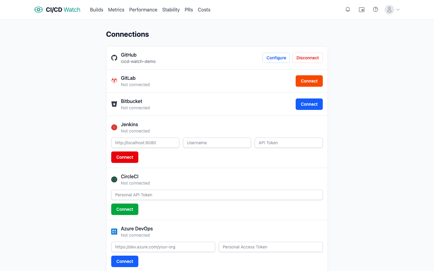 Connections page showing GitHub, GitLab, Bitbucket, CircleCI, Azure DevOps, and Jenkins integration options