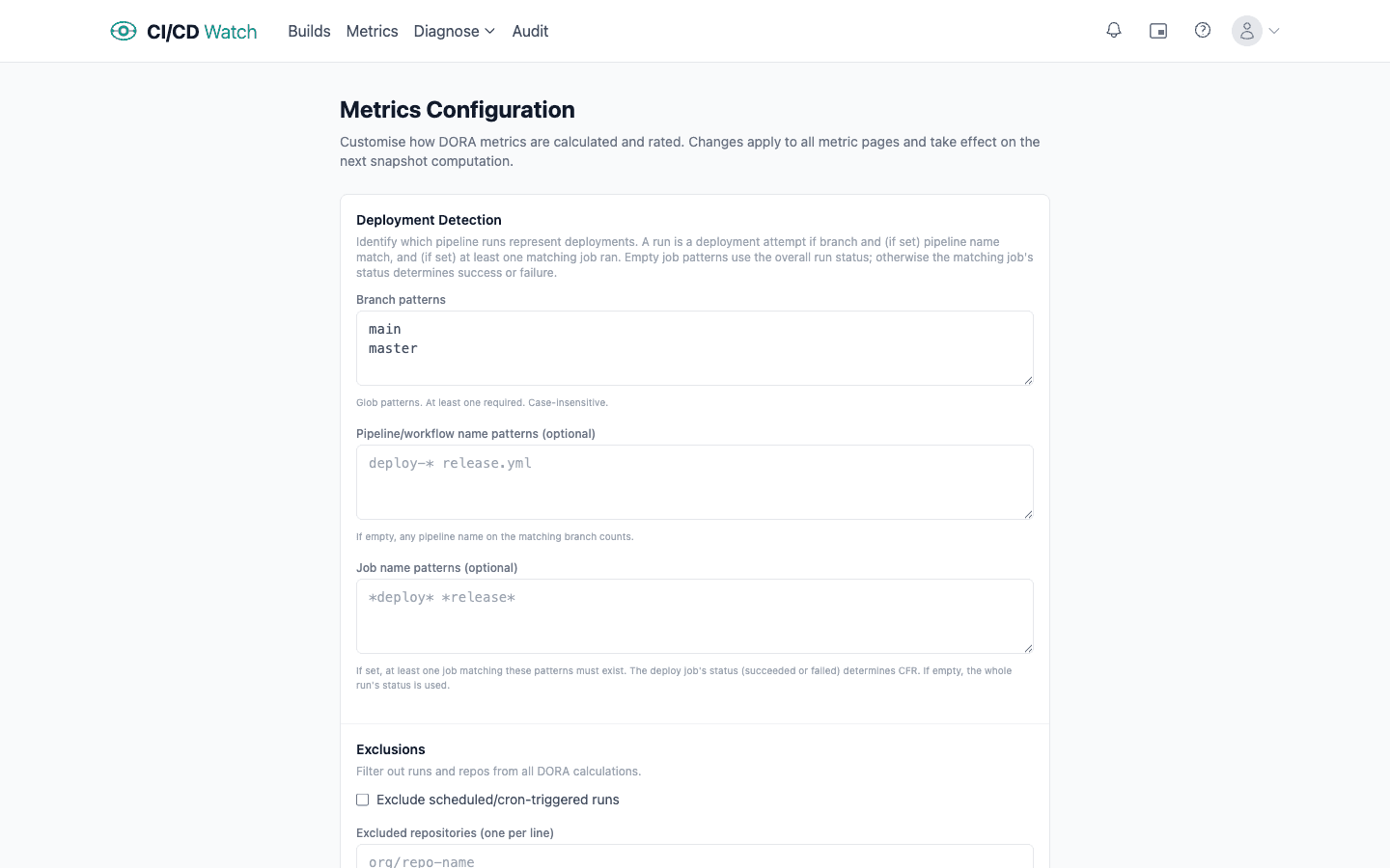 DORA metrics configuration: deployment detection branch and pipeline patterns, scheduled-run exclusions, classification rules, and per-metric rating thresholds