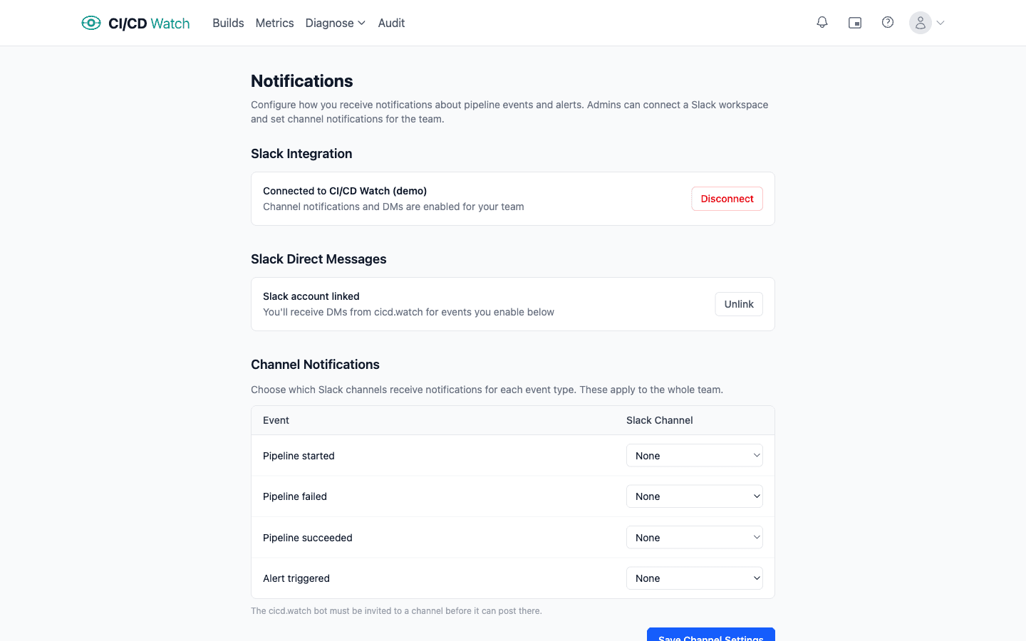 Slack notification routing for CI/CD pipeline failures and DORA alerts with per-channel and per-event configuration and personal notification preferences