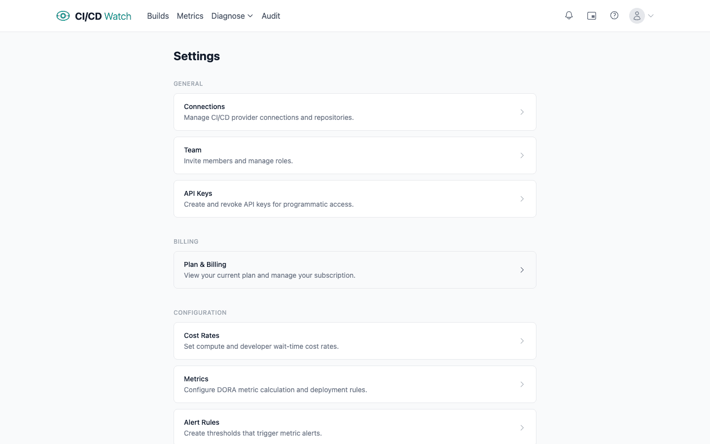 CI/CD Watch settings overview showing the configuration sections available to admins and owners: team members, connections, cost rates, metrics, alerts, notifications, API keys, and billing