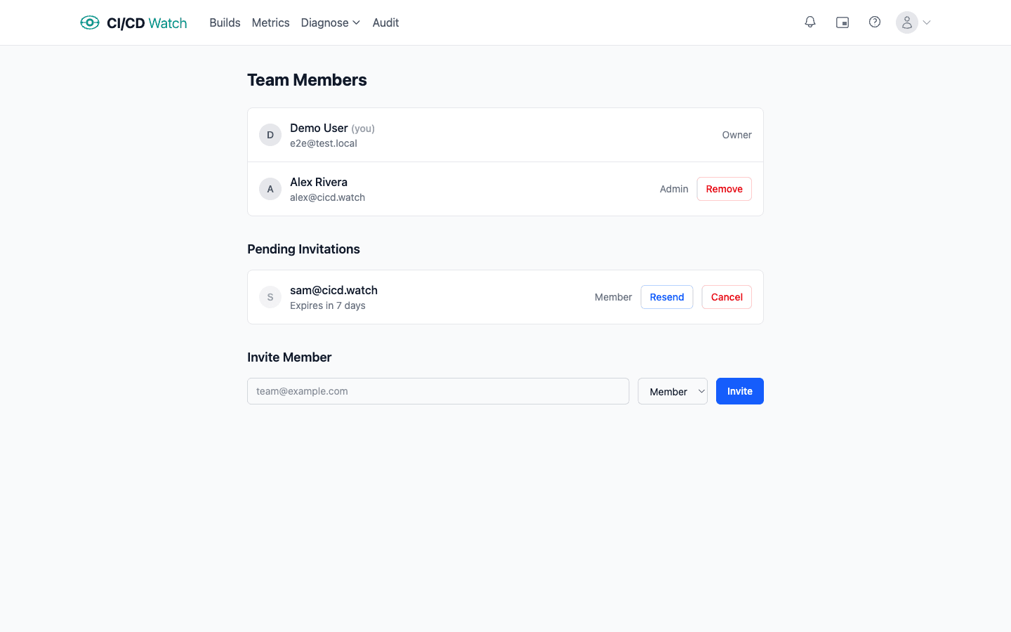 Team membership management: owners and admins, pending email invitations with expiry, and a role selector for new invites