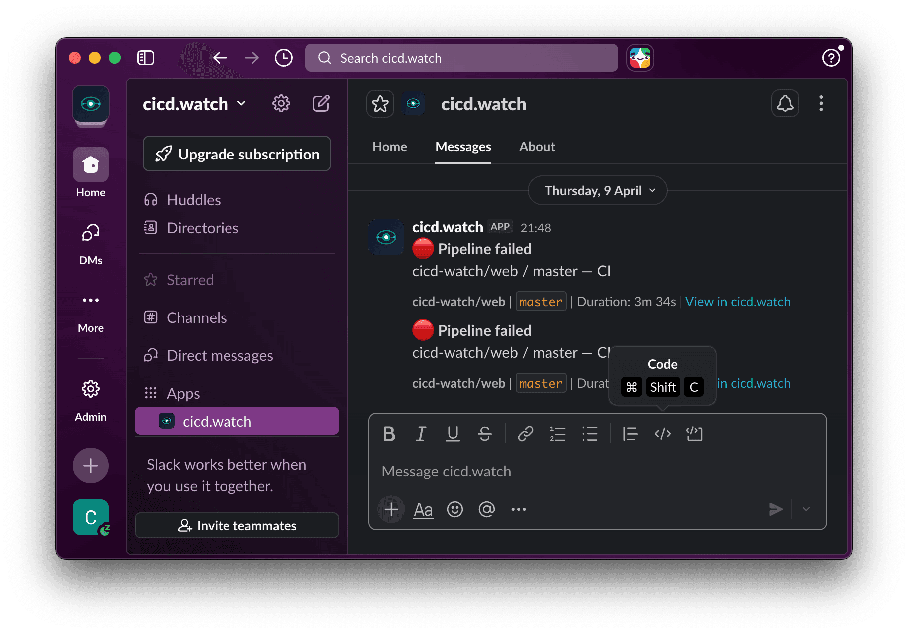 Slack direct message from the CI/CD Watch app showing pipeline failure notifications with repository, branch, duration, and a link back to the dashboard